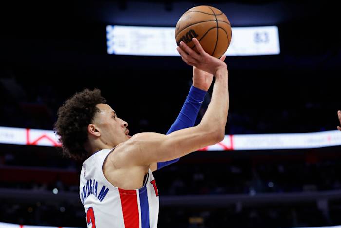 Apr 6, 2022; Detroit, Michigan, USA; Detroit Pistons guard Cade Cunningham (2) shoots in the second half against the Dallas Mavericks at Little Caesars Arena. Mandatory Credit: Rick Osentoski-USA TODAY Sports